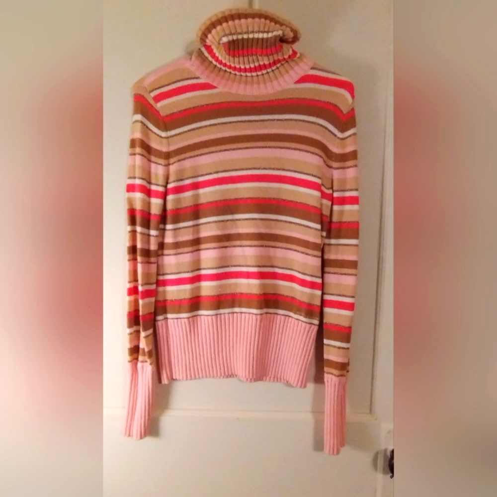 Women's LG DKNY Pink Stripes Sparkled Turtleneck Button Sweater